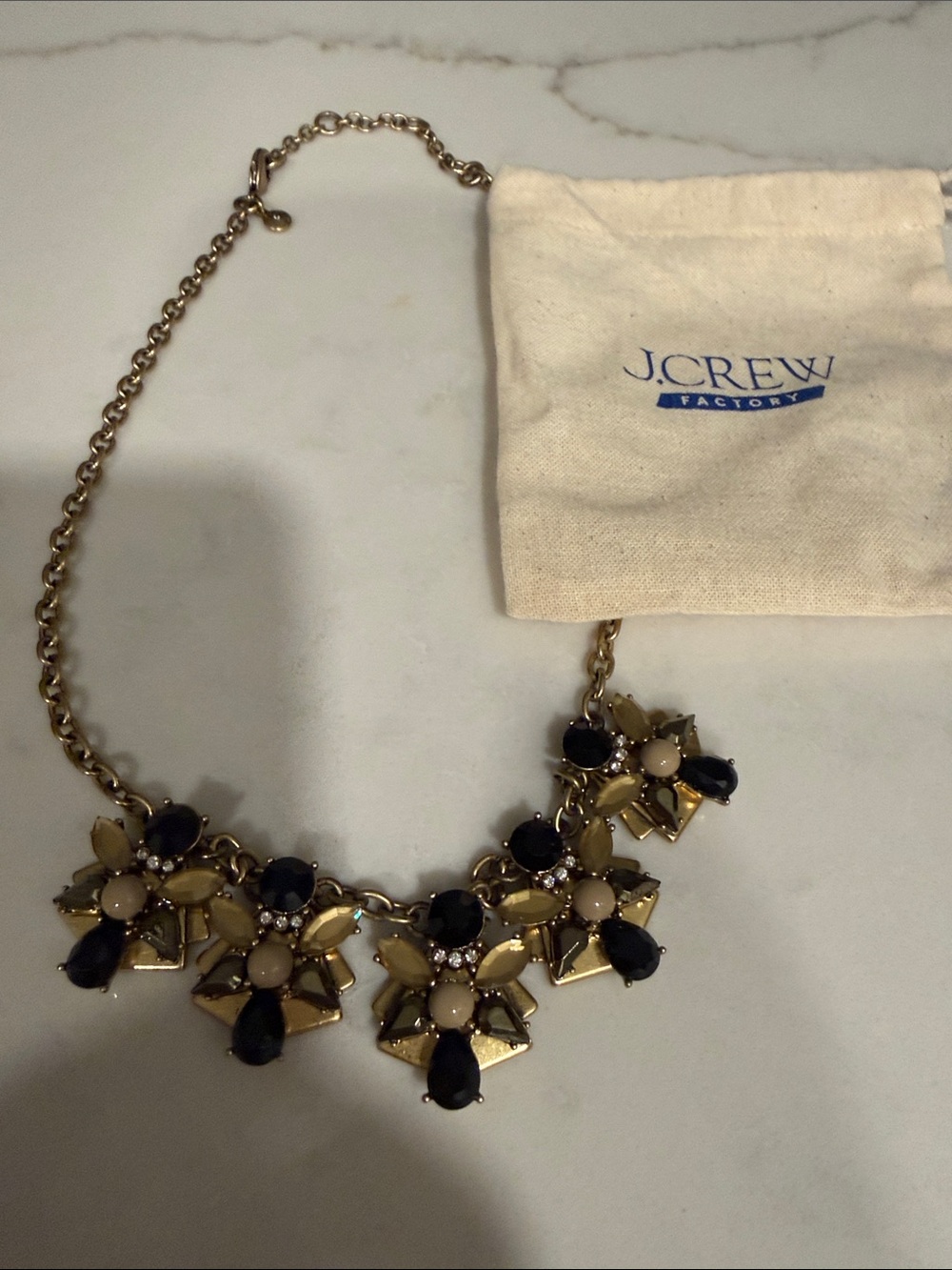 J. Crew Factory Gold Floral Cluster Necklace with Black and Cream Accents